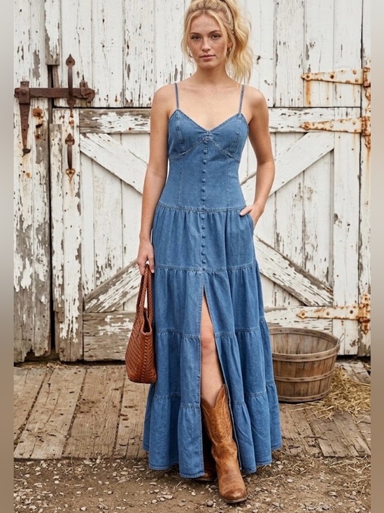 Western Denim Dresses & Skirts - Denim Western Tiered Maxi Dress - Size Medium